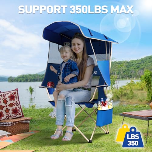 Folding Camping Chair with Shade Canopy and Cooler Bag for Outdoor Activities