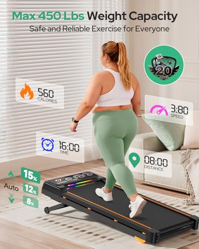 Rayspace Black Folding Under Desk Treadmill with 15% Auto Incline, Bluetooth Speakers & Remote, 450 lbs Capacity
