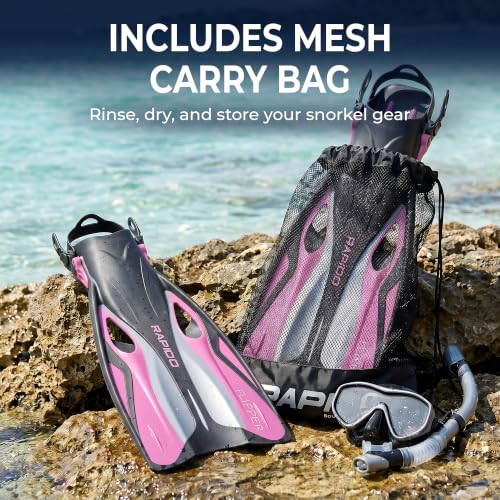 Pink Adjustable Open Heel Snorkel Fins for Men & Women - S/M (EU 38-42) with Carry Bag