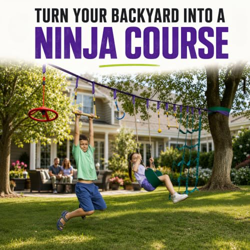 Kids Outdoor Ninja Warrior Obstacle Course with 2x55ft Slacklines - Purple, 10 Obstacles