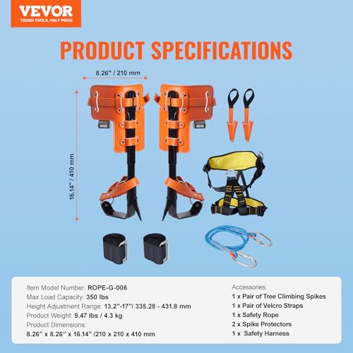 Orange Adjustable Tree Climbing Spikes Set with Safety Harness & Rope - Arborist Gear