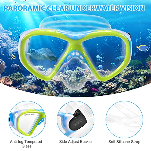 Kids Snorkel Set with Tempered Glass Mask Dry Top Snorkeling Gear Blue - Ages 5-15