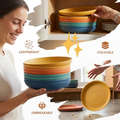 Deep Wheat Straw Dinner Plates Set of 8 - Classic Bright, 9 Inch, Unbreakable, Microwave & Dishwasher Safe