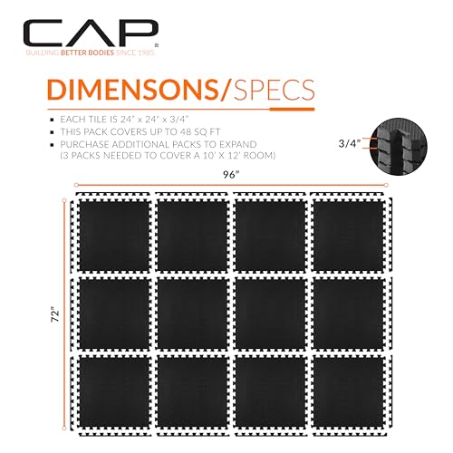 CAP 24-Inch Interlocking EVA Foam Puzzle Exercise Mat Set - Black, 12 Tiles, 48 sq ft
