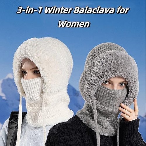 3 in 1 Beanie Hat with Scarf and Mask,Autumn and Winter Knitted Hat for Women (Grey)
