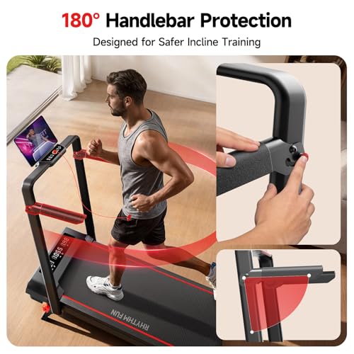 RHYTHM FUN Incline Walking Pad Treadmill with Handle Bar, 37.4" Belt, Black Red