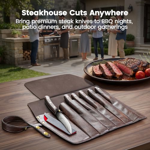 SYOKAMI Steak Knife Set of 6 - Portable Leather Roll & Sheaths, Non-Serrated Edges