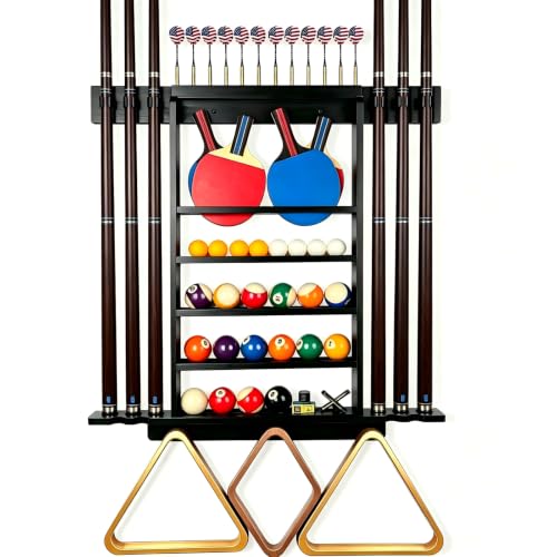 Onemacc 30x3.2x29in Solid Wood Pool Cue Rack & 3-in-1 Billiard, Dart, Table Tennis Storage