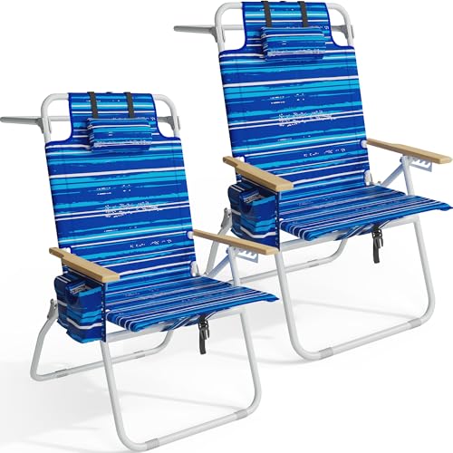 Tall Beach Chair for Adults 17" High Backpack Reclining with Cooler Pouch - Striped Blue 2-Pack