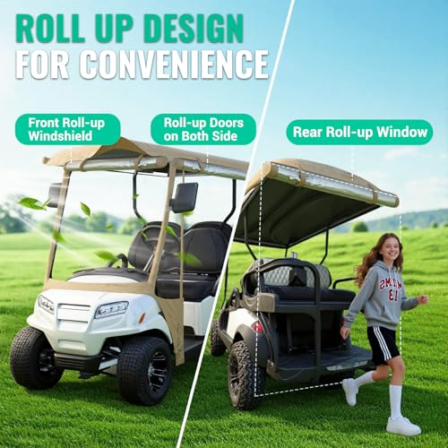 4 Seater Golf Cart Enclosure 83-88" Extended Roof Khaki Rain Cover with Side Mirror Opening