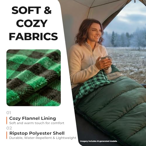XXL Cotton Flannel Sleeping Bag for Adults - Green, Cold Weather Warmth