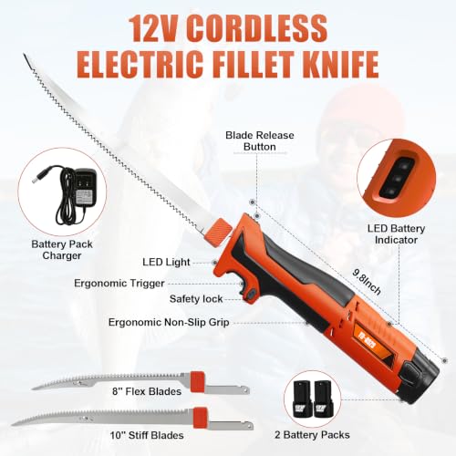 SHEMUST Orange 12V Cordless Electric Fillet Knife with Flexible & Rigid Blades