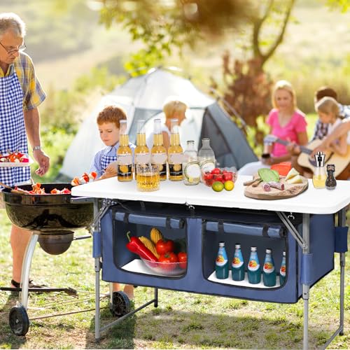 4ft Foldable Camping Table with Adjustable Height & Storage Organizer