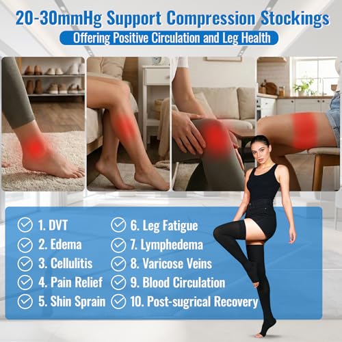 Black Large Thigh High Compression Stockings 20-30 mmHg Open Toe - Bewzilove