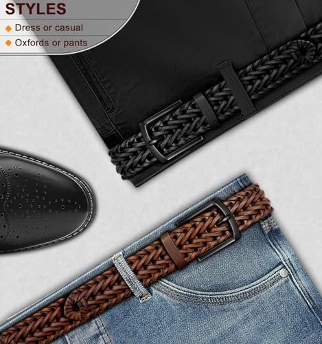 Men's Braided Leather Belt 2 Pack - 1 3/8 Inch Wide, Adjustable Waist, Gift Boxed, Black & Light Brown