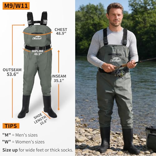 Men & Women Waterproof Fishing Waders - Grey, US M9/W11, 2-Ply Nylon PVC Chest Waders with Boots