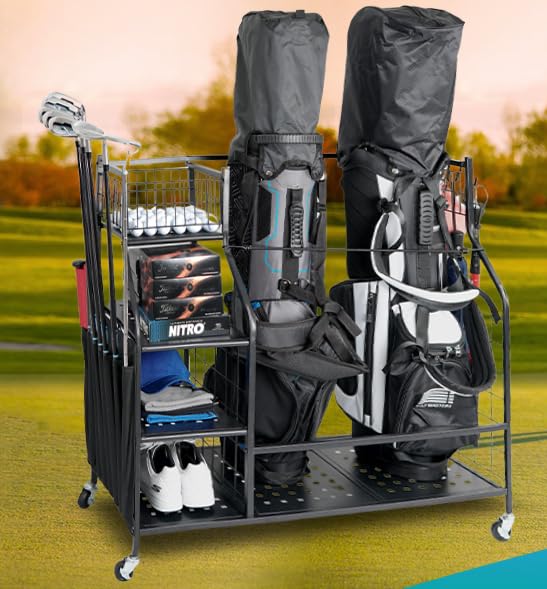 STUFFSTASH Golf Bag Organizer; Bags, Shoe and Accessories Storage for Garage; Mens Cart Stand Caddy Organizers; Fits 2 Golf Bags; Sports Equipment Rack for Shed; Club Basket Locker; Ball Holder
