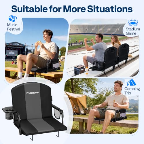 VIVOHOME Stadium Bleacher Seats with Back Support - Black & Gray, 2-Pack Portable Sports Chairs
