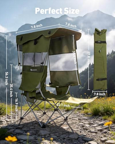 AKSOUL Green Folding Camping Chair with Shade & Cup Holder - Portable Beach & Outdoor Seat, Supports 330 lbs