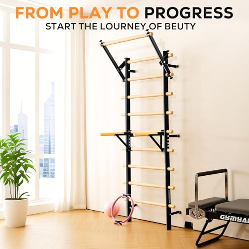 GymYard Wood Swedish Ladder Wall Mount for Home Fitness, Adjustable Pull Up & Dip Station, Solid Pine, Variation of THIS listing