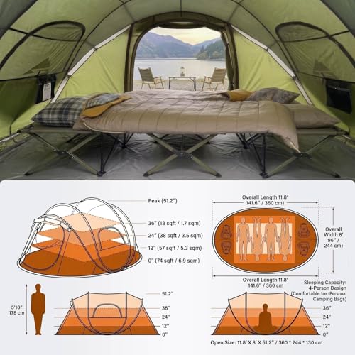 Green 6 Person Pop Up Camping Tent with Skylight & Rainfly - Waterproof, Fast Setup