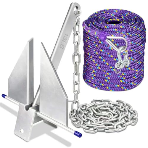 AmarinePlay 13LB Boat Fluke Danforth Anchor Kit for 20-32ft Boats with Chain Rope Shackles