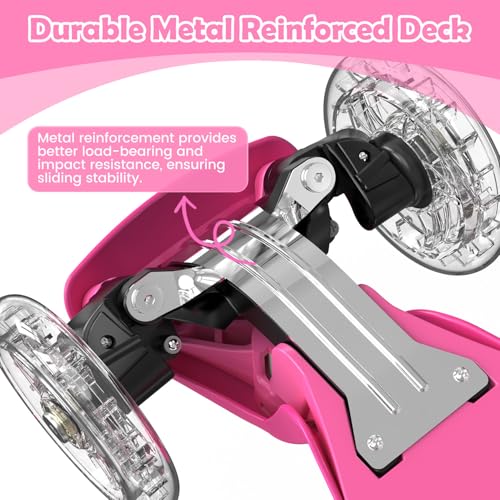 Kids Scooter with Lights and Adjustable Height - Rose Red, 7 Lighting Effects, 3-Wheel Toddler Ride-On