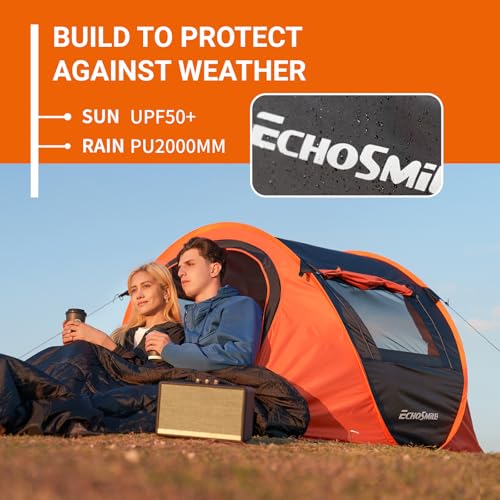 EchoSmile 2-Person Black & Orange Instant Pop Up Camping Tent, Easy Setup