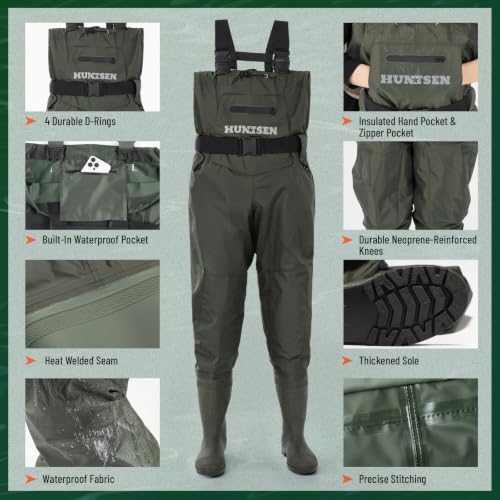 HUNTSEN Waterproof Chest Waders for Men & Women - Green, Size 11 with Boots