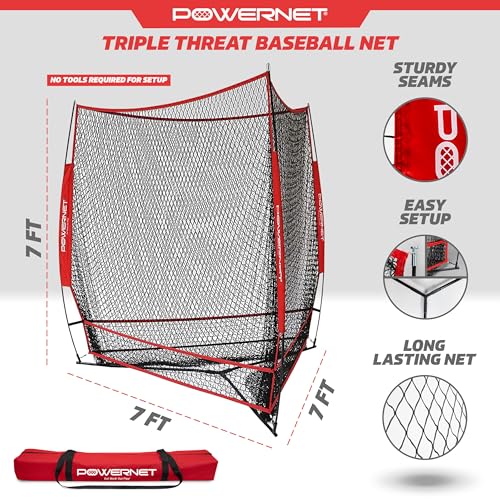 PowerNet Red Triple Threat Baseball & Softball Training Net - 3 Station Batting, Pitching & Hitting Practice, 7' x 7' Collapsible Net