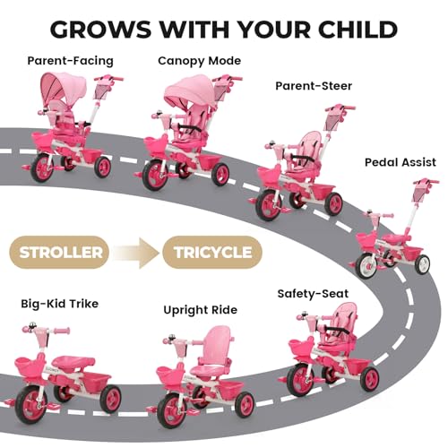 Pink 7-in-1 Toddler Tricycle with Swivel Seat & Push Handle - Baby Ride-on 18M-5Y