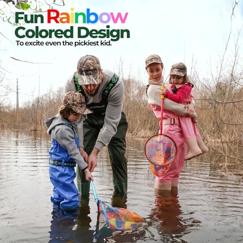 Kids Fishing Net with Bait Pouch - Collapsible Rainbow Mesh for Outdoor Play - Style 2 Green