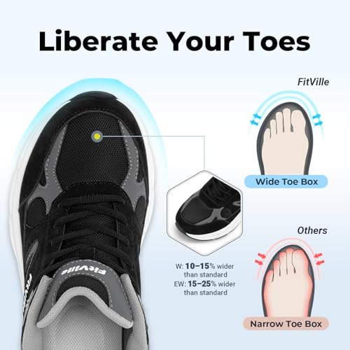 FitVille Wide Walking Shoes for Men - Extra Wide Sneakers with Arch Support, Heel Pain Relief & Plantar Fasciitis - Black & Slate Grey, 13 XX-Wide