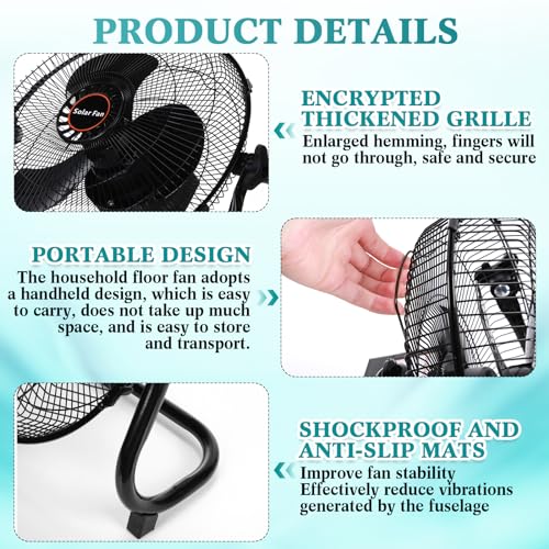 Tujoe 12 Inch Black Solar Panel Powered Fan with Adjustable Speed – Portable Outdoor & Indoor Cooling