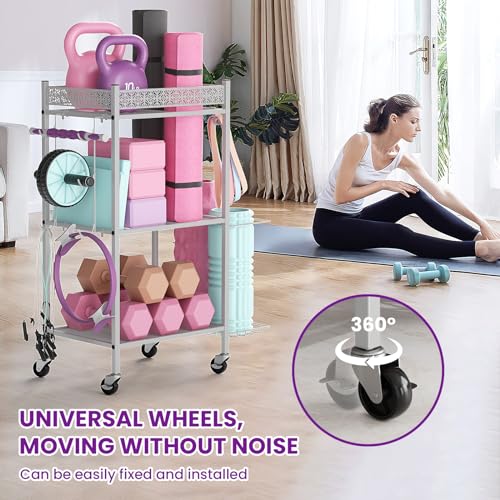 VOPEAK Gray 3-Tier Yoga Mat Storage Rack with Wheels & Hooks for Home Gym