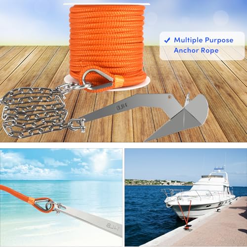 Boat Anchor Rope 100 ft x 1/2 inch Orange Double Braided Marine Line with Stainless Steel Thimble & Shackle - for Towing & Mooring