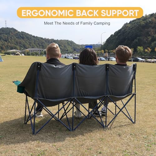 Northroad Oversized 3-Person Camping Loveseat Chair Dark Green & Grey - Heavy Duty Foldable Outdoor Seating with Cup & Wine Glass Holders