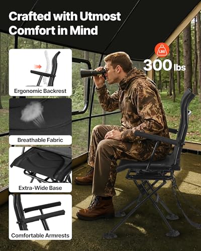 VEVOR Foldable Hunting Chair with 360° Silent Swivel, Adjustable Height Portable Ground Stool for Camping & Fishing
