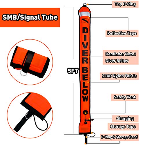 Black 5ft Surface Marker Buoy SMB with Reel, Whistle & Safety Clip for Diving