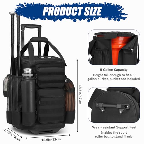 SunForMorning Black Baseball Bucket Bag with Wheels for Coaches, Fits 6 Gallon Bucket