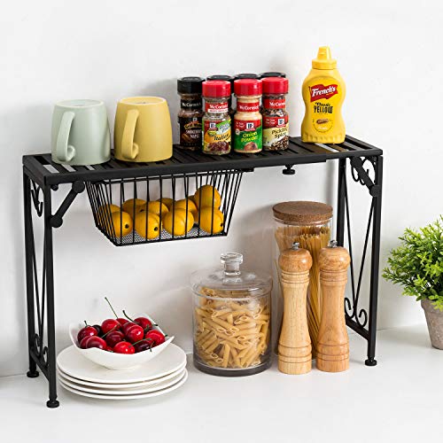 MyGift Black Expandable Over Sink Shelf with Pull-Out Mesh Drawer - Adjustable Kitchen Organizer