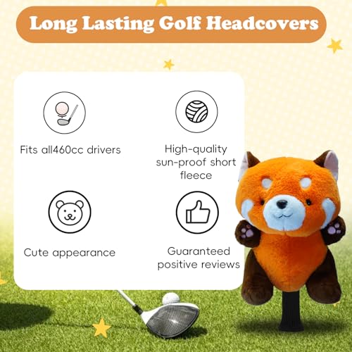 Cute Round Eyes Red Panda Golf Headcover, Animals Plush Golf Club Head Covers, Small Size Fits Hybird and Irons, Large Size Fits Standard 461cc Driver Head