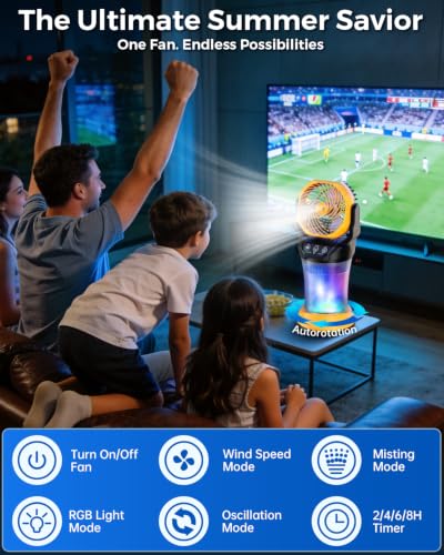 Ocikry Yellow Portable Outdoor Misting Fan with Remote & 2L Tank, 4 Mist Modes, 30000mAh Battery