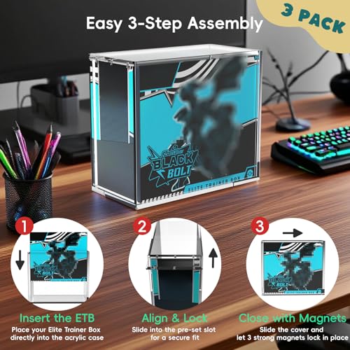 EAVAN Clear 3-Pack Acrylic ETB Protector Cases with Sliding Magnetic Lid
