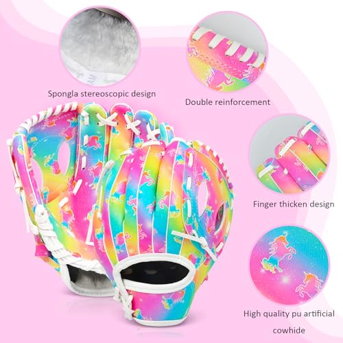 Kids Baseball Glove Rainbow Unicorn 9" Softball Mitt for Beginners