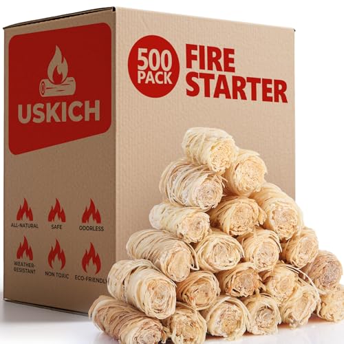 USKICH 500PCS Natural Fire Starters for Campfires, Fireplace, Grill & BBQ - Odorless, Weather-Resistant, Long Burn Time