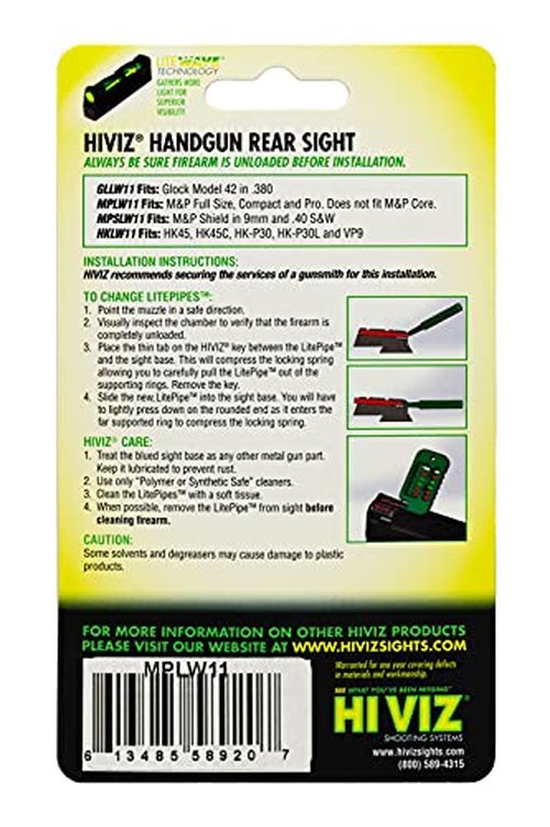 HIVIZ unisex adult HiViz MPLW11 Interchangeable LITEWAVE Rear Handgun Sight for Smith Wesson M P Full Size Compact E, Green, Red, and Black, One Size US
