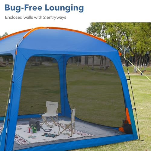 OakPedion 10x10ft Blue & Orange Screen House Tent for Camping, Outdoor Patio Shelter with Floor