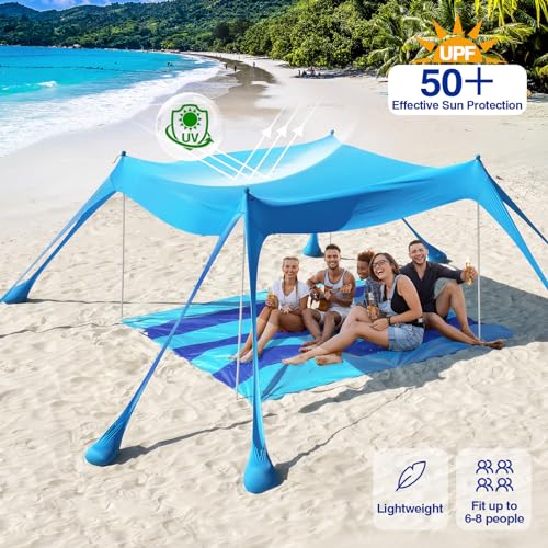 Rhino Valley 10x10 ft Beach Tent Sky Blue UPF50+ Sun Shelter with 8 Sandbags & Poles