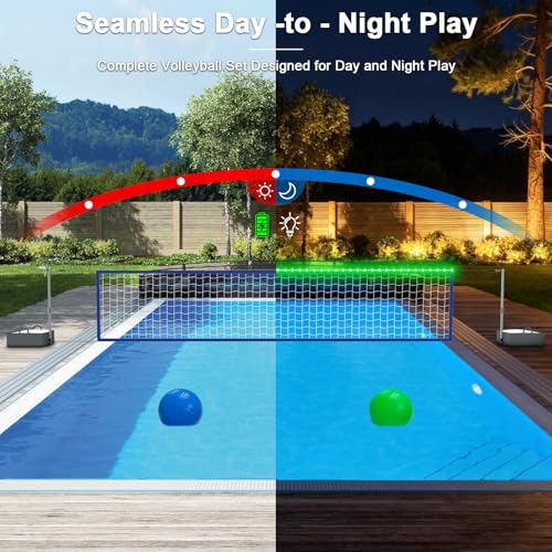 KOOHYIA 15-32ft Adjustable Pool Volleyball Net Set with LED Solar Lights, Portable Water Game
